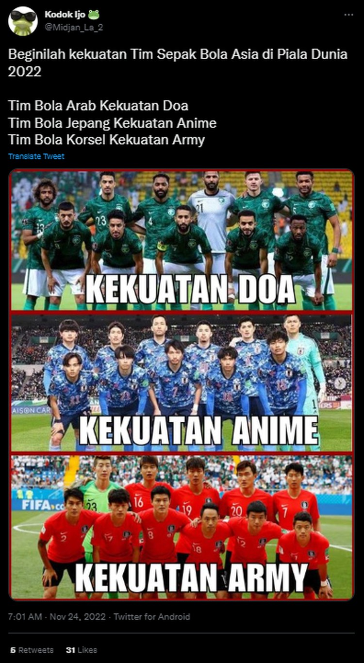 Meme Asia Taklukan Eropa dan Amerika Latin di Piala Dunia 2022 Banyak hal mengejutkan yang terjadi di Piala Dunia 2022. Beberapa seperti kehebatan negara di Asia yang menumbangkan deretan tim Eropa dan Amerika Latin.