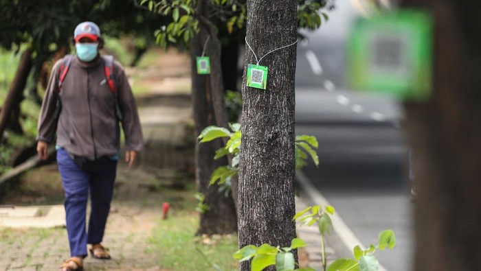 Pemkot Depot Habiskan Rp49 Juta Demi Pasang Barcode di 1.500 Pohon Warga berjalan disamping pohon yang dipasang