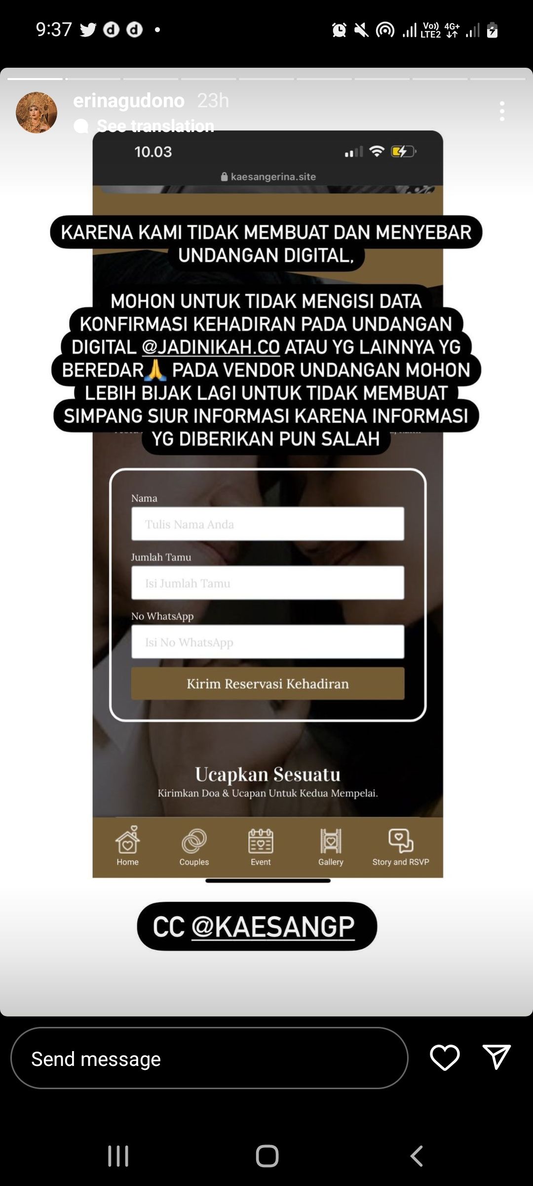 Erina Gudono bantah sebar undangan digital pernikahan. Foto diunggah pada Minggu (27/11/2022).