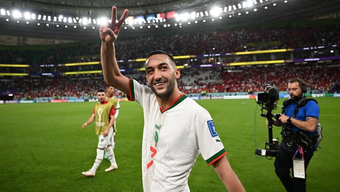 DOHA, QATAR - NOVEMBER 27: Hakim Ziyech of Morocco celebrates after the 2-0 win during the FIFA World Cup Qatar 2022 Group F match between Belgium and Morocco at Al Thumama Stadium on November 27, 2022 in Doha, Qatar. (Photo by Michael Regan - FIFA/FIFA via Getty Images)