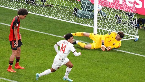 Moroccos Zakaria Aboukhlal scores his sides second goal during the World Cup group F soccer match between Belgium and Morocco, at the Al Thumama Stadium in Doha, Qatar, Sunday, Nov. 27, 2022. (AP Photo/Pavel Golovkin)