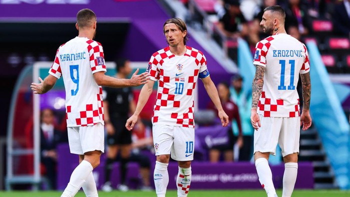 AL KHOR, QATAR - NOVEMBER 23: Luka Modric #10 of Croatia reacts during the FIFA World Cup Qatar 2022 Group F match between Morocco and Croatia at Al Bayt Stadium on November 23, 2022 in Al Khor, Qatar. (Photo by Liu Lu/VCG via Getty Images)
