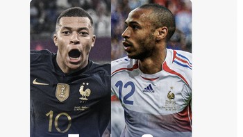 Bahkan di Piala Dunia dengan 7 gol, torehan Mbappe sudah melebihi sang legenda, Thierry Henry. Foto: Twitter