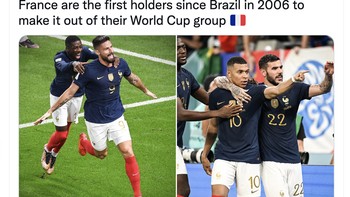 Prancis menjadi juara bertahan Piala Dunia pertama sejak Brasil di 2006 yang berhasil lolos dari grup ke babak knock out. Foto: Twitter