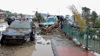 Longsor yang cukup dahsyat usai hujan deras menyapu sejumlah mobil yang terparkir. Reuters/Ciro de Luca 