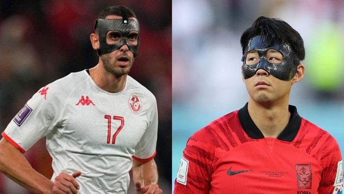 Sejumlah pemain mencuri perhatian di Piala Dunia 2022. Adalah Ellyes Skhiri dari Tunisia dan Son Heung-min dari Korsel yang berlaga dengan mengenakan topeng.