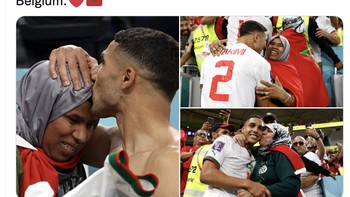 Lihatlah betapa bangga ibu Achraf Hakimi dan juha Sabiri setelah kemenangan luar biasa Maroko atas Belgia, tulis akun ini. Foto: Twitter