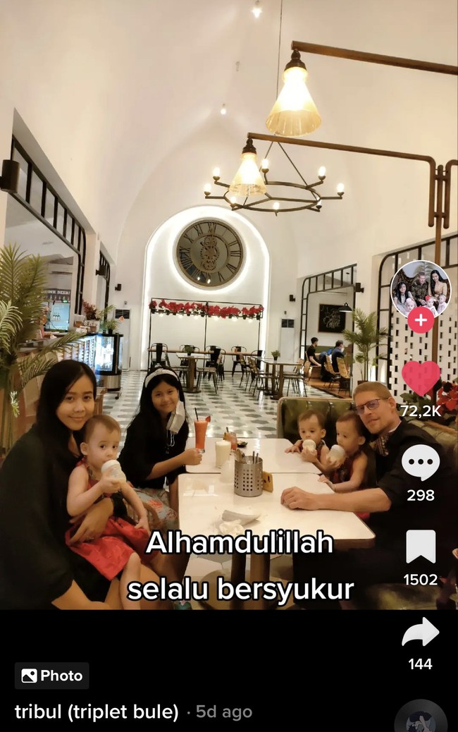 Dalam unggahannya, Erna juga memperlihatkan potret buah hati dari pernikahan sebelumnya dan dengan suaminya saat ini. Dia saat ini memiliki empat orang anak, di mana anaknya dari sang pria Amerika Serikat, kembar tiga. Anak pertama dengan mantan suami lahir 2009. Anak pertama sekaligus kedua dan ketiga dari suami yang sekarang. Alhamdulillah selalu bersyukur, kata Erna. Foto: Dok. TikTok @ernalafave
