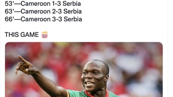 Sempat tertinggal 1-3 dari Serbia, Kamerun mampu menyamakan kedudukan. Foto: Twitter
