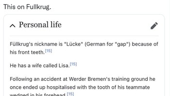 Banyak fans membagi kisah unik Fuellkrug di Twitter, mulai dari bentuk giginya yang ada celah besar, sampai kisah gigi temannya menancap di jidat Fuellkrug. Foto: (Twitter)