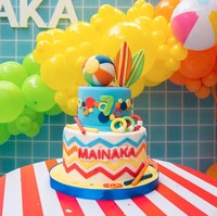 Sesuai dengan temanya, kue ulang tahun Mainaka juga dibuat unik dengan menggunakan warna-warna yang beragam. Kue ulang tahun 2 tingkat itu dilengkapi dengan tulisan nama Mainaka dan usianya saat ini. Foto: Instagram/@ramadhaniabakrie
