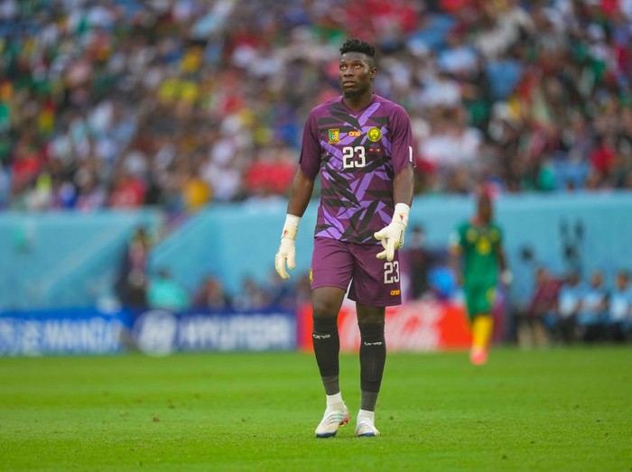 AL WAKRAH, QATAR - NOVEMBER 24: Andre Onana (Cameroon) looks on during the FIFA World Cup Qatar 2022 Group G match between Switzerland and Cameroon at Al Janoub Stadium on November 24, 2022 in Al Wakrah, Qatar. (Photo by Ulrik Pedersen/DeFodi Images via Getty Images)