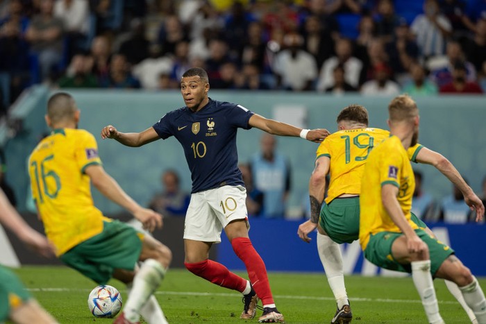 DOHA, QATAR - NOVEMBER 26: Kylian Mbappe of France celebrates as he scores the goal 2: during the FIFA World Cup Qatar 2022 Group D match between France and Denmark at Stadium 974 on November 26, 2022 in Doha, Qatar. (Photo by Stefan Matzke - sampics/Corbis via Getty Images)