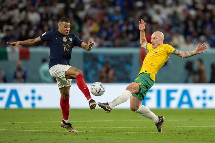 DOHA, QATAR - NOVEMBER 26: Kylian Mbappe of France celebrates as he scores the goal 2: during the FIFA World Cup Qatar 2022 Group D match between France and Denmark at Stadium 974 on November 26, 2022 in Doha, Qatar. (Photo by Stefan Matzke - sampics/Corbis via Getty Images)