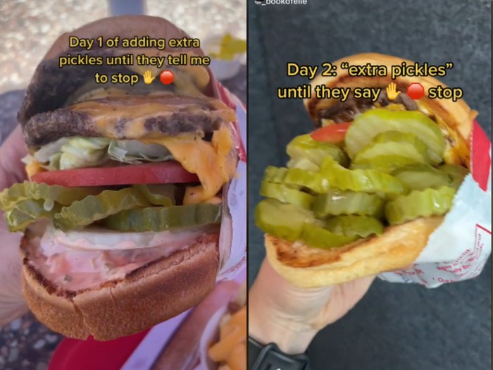 Burger isi pickle melimpah sampai bertumpuk
