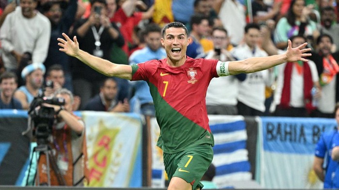 LUSAIL, QATAR - NOVEMBER 28: Cristiano Ronaldo of Portugal celebrates their first goal during the FIFA World Cup Qatar 2022 match between Portugal v Uruguay at the Lusail Stadium on November 28, 2022 in Lusail Qatar (Photo by Lionel Hahn/Getty Images)