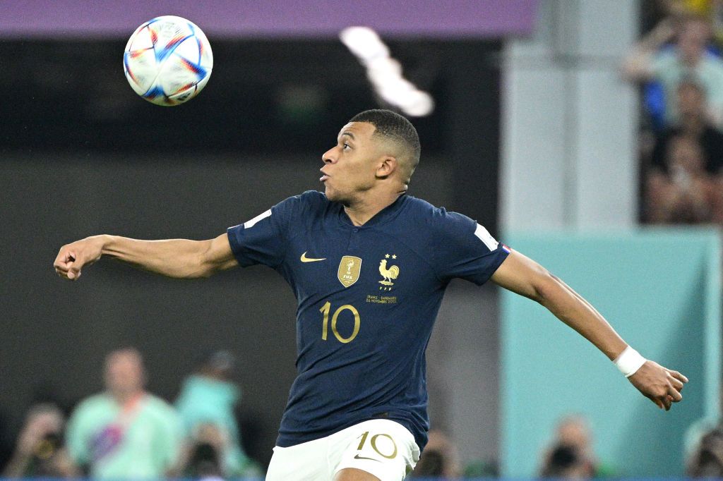 DOHA, QATAR - NOVEMBER 26: Kylian Mbappe of France in action during the FIFA World Cup Qatar 2022 Group D match between France and Denmark at Stadium 974 on November 26, 2022 in Doha, Qatar. (Photo by Lionel Hahn/Getty Images)