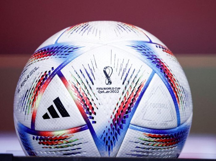 TOPSHOT - A view shows a ball with the logo of the Qatar 2022 World Cup at the Red Devils Base camp in Tubize, on November 14, 2022 (Photo by Kenzo TRIBOUILLARD / AFP) (Photo by KENZO TRIBOUILLARD/AFP via Getty Images)