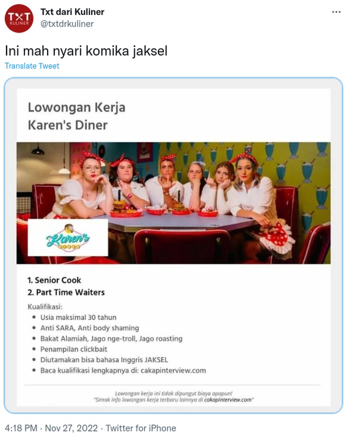 Karens Diner Jakarta Buka Lowongan Syaratnya Disebut Mirip Stand Up