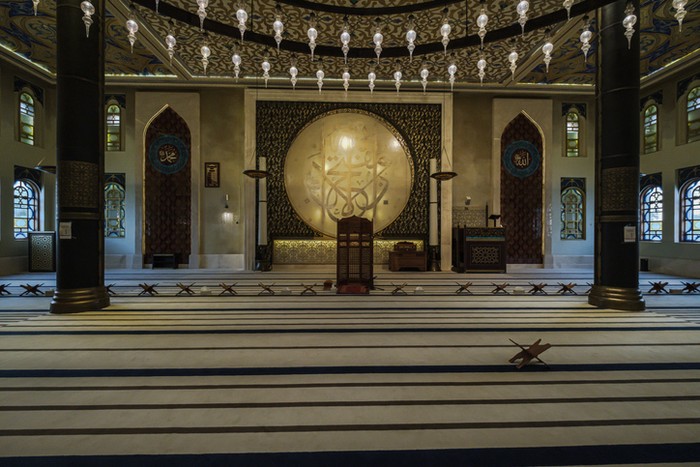 Katara mosque (the blue mosque or The masjid of Katara) in Katara cultural village, Doha Qatar interior view showing the Prayer hall designed by Turkish female architect Zainab Fadil Oglu