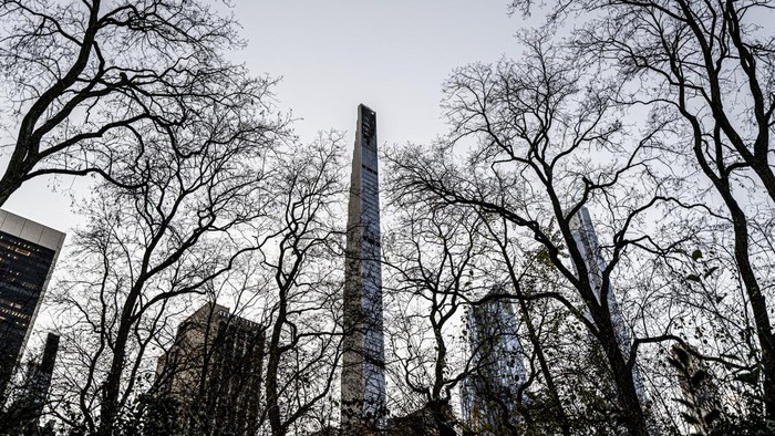 NEW YORK, NY, UNITED STATES - NOVEMBER 29: A view of the world's skinniest skyscraper, Steinway Tower, located at 111 West 57th Street in Manhattan, and boasts a 24:1 height to width ratio in New York, United States on November 29, 2022. Designed by SHoP Architects, the luxury condominium building stands at 1,428 feet (435 meters) tall, making it one of the largest buildings in the western hemisphere, and the third tallest in New York City. 60 apartments are included in the tower ranging from nearly $8 million for a studio to $66 million for a penthouse. In April it has opened to residents in New York City. (Photo by Fatih AktaÅ/Anadolu Agency via Getty Images)