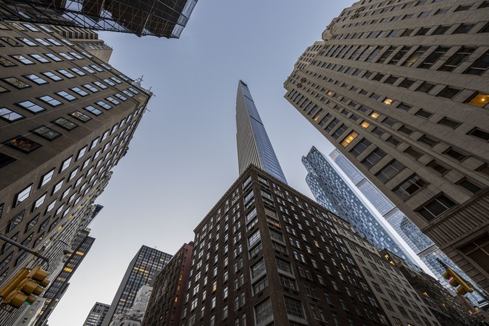 NEW YORK, NY, UNITED STATES - NOVEMBER 29: A view of the worlds skinniest skyscraper, Steinway Tower, located at 111 West 57th Street in Manhattan, and boasts a 24:1 height to width ratio in New York, United States on November 29, 2022. Designed by SHoP Architects, the luxury condominium building stands at 1,428 feet (435 meters) tall, making it one of the largest buildings in the western hemisphere, and the third tallest in New York City. 60 apartments are included in the tower ranging from nearly $8 million for a studio to $66 million for a penthouse. In April it has opened to residents in New York City. (Photo by Fatih AktaÅ/Anadolu Agency via Getty Images)