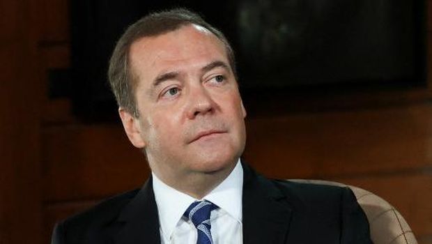 United Russia Party chairman and deputy chairman of the Russian Security Council Dmitry Medvedev speaks during an interview at the Gorki residence, outside Moscow, on January 27, 2022. (Photo by Yulia ZYRYANOVA / SPUTNIK / AFP)