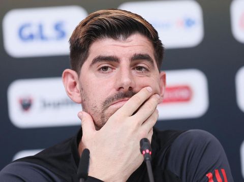 Belgium's goalkeeper Thibaut Courtois pictured during a press conference of the Belgian national soccer team the Red Devils, at the Salwa Beach Resort, State of Qatar, Tuesday 29 November 2022. The Red Devils are preparing for the upcoming game at the FIFA 2022 World Cup in Qatar. BELGA PHOTO BRUNO FAHY (Photo by BRUNO FAHY / BELGA MAG / Belga via AFP) (Photo by BRUNO FAHY/BELGA MAG/AFP via Getty Images)