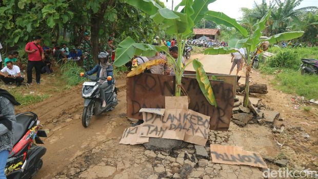Wara Prawoto menanam pohon pisang di tengah jalan di jalur alternatif Pati-Grobogan, Rabu (30/11/2022).