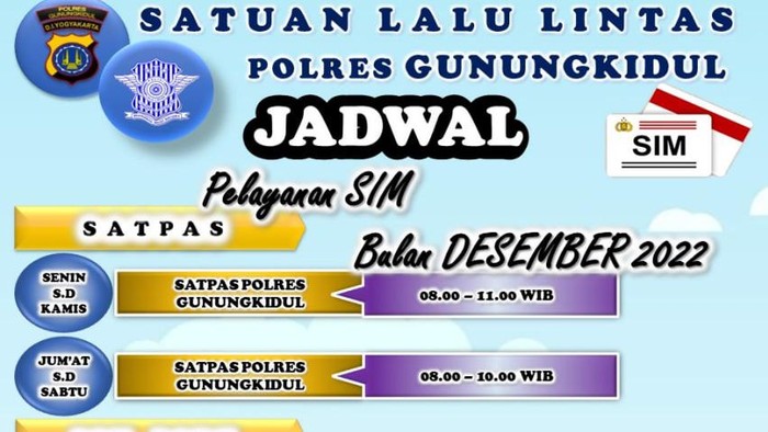 Jadwal pelayanan SIM keliling Polres Gunungkidul bulan Desember 2022.