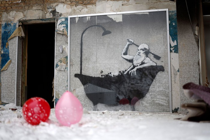 HORENKA, UKRAINE - NOVEMBER 22: A view from Lidiya Panchyshyna, 45 destroyed apartment building where graffiti artist Banksy has made a picture on November 22, 2022 in Horenka, Ukraine. The elusive British artist posted a video to Instagram last week that suggested he's behind the spray-painted artworks that have appeared across the Ukrainian capital this month. (Photo by Jeff J Mitchell/Getty Images)