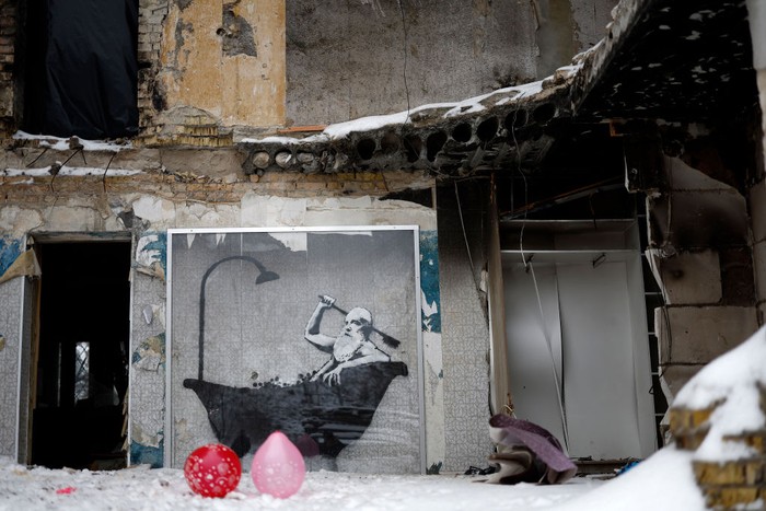 HORENKA, UKRAINE - NOVEMBER 22: A view from Lidiya Panchyshyna, 45 destroyed apartment building where graffiti artist Banksy has made a picture on November 22, 2022 in Horenka, Ukraine. The elusive British artist posted a video to Instagram last week that suggested he's behind the spray-painted artworks that have appeared across the Ukrainian capital this month. (Photo by Jeff J Mitchell/Getty Images)