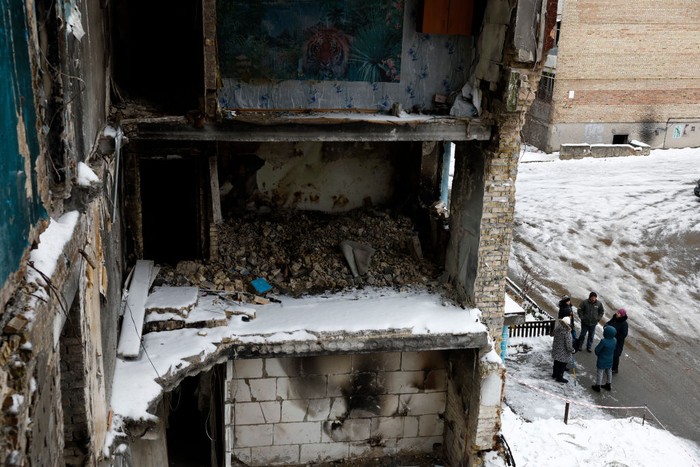 HORENKA, UKRAINE - NOVEMBER 22: A view from Lidiya Panchyshyna, 45 destroyed apartment building where graffiti artist Banksy has made a picture on November 22, 2022 in Horenka, Ukraine. The elusive British artist posted a video to Instagram last week that suggested he's behind the spray-painted artworks that have appeared across the Ukrainian capital this month. (Photo by Jeff J Mitchell/Getty Images)