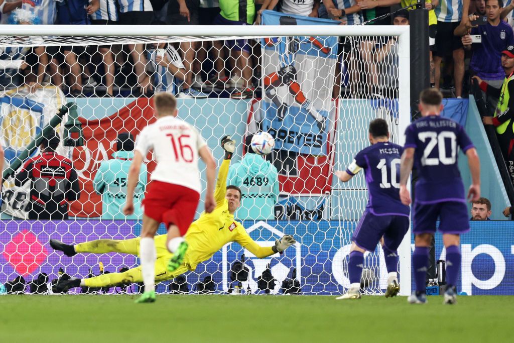 DOHA, QATAR - NOVEMBER 30: Lionel Messi of Argentina takes a penalty saved by Wojciech Szczesny of Poland during the FIFA World Cup Qatar 2022 Group C match between Poland and Argentina at Stadium 974 on November 30, 2022 in Doha, Qatar. (Photo by Clive Brunskill/Getty Images)