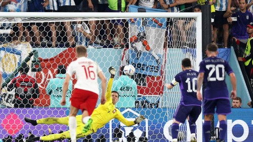 DOHA, QATAR - NOVEMBER 30: Lionel Messi of Argentina takes a penalty saved by Wojciech Szczesny of Poland during the FIFA World Cup Qatar 2022 Group C match between Poland and Argentina at Stadium 974 on November 30, 2022 in Doha, Qatar. (Photo by Clive Brunskill/Getty Images)