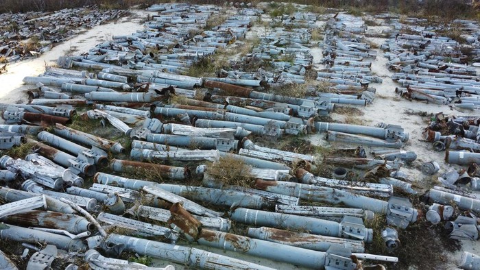 A view shows remains of MLRS and artillery shells, cruise and ballistic missiles used by Russian troops for military strikes of the city and collected by sappers in Kharkiv, Ukraine November 29, 2022. REUTERS/Vitalii Hnidyi
