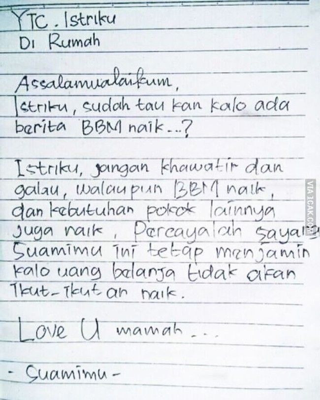 Setelah membaca balasan surat dari suami ini dijamin jadi semakin pengin nangis. Bisa-bisa sih ini jadi lebih galau dibanding diputusin pacar. Foto: 1cak.com