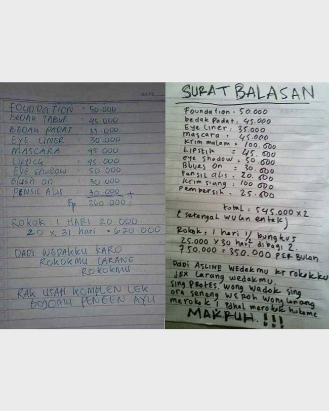 Uang rokok dan kosmetik yang jadi perdebatan. Jadi sebenarnya lebih mahal uang rokok atau uang kosmetik istri nih? Foto: Instagram.com/rumah_shitmeme.id