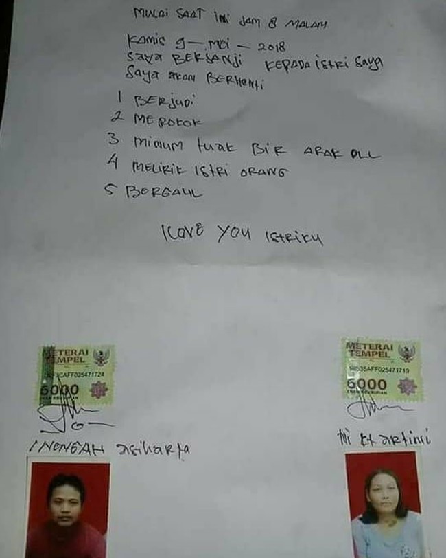 Surat perjanjian yang dibuat demi istri tercinta. Cuma ada larangannya aja nih tapi nggak ada sanksinya. Kira-kira kalau melanggar apa ya sanksinya? Foto: Twitter.com/askmenfess