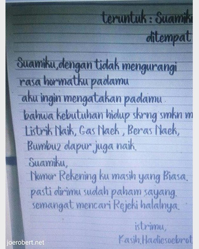 Niat hati ingin mengetes kepekaan suami dengan memberikan kode melalui surat cinta yang satu ini. Ya semoga pak suami paham dan bisa langsung menaikkan uang bulanan jadi berkali-kali lipat yaa.. Foto: 1cak.com