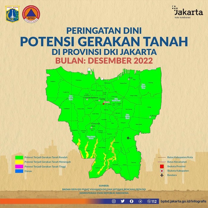 BPBD DKI Jakarta mengimbau warga di 10 daerah di Jakarta Timur dan Jakarta Selatan agar mewaspadai potensi pergerakan tanah di Jakarta. (Dok BPBD DKI)