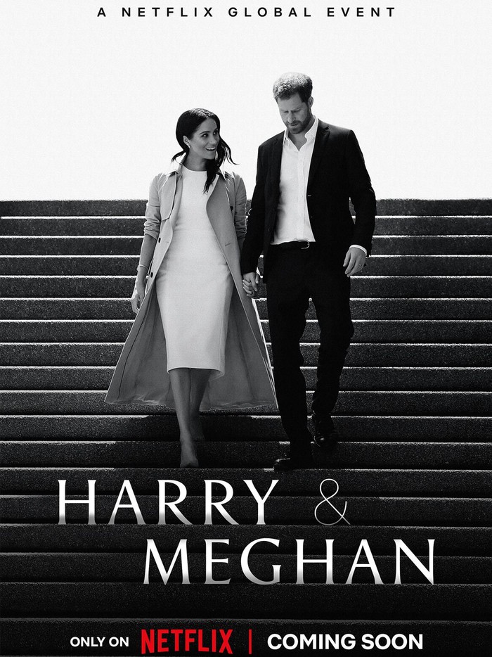 This image released by Netflix shows Prince Harry and Meghan, Duke and Duchess of Sussex, in a scene from the upcoming documentary 