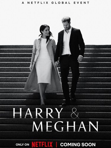 This image released by Netflix shows Prince Harry and Meghan, Duke and Duchess of Sussex, in a scene from the upcoming documentary 