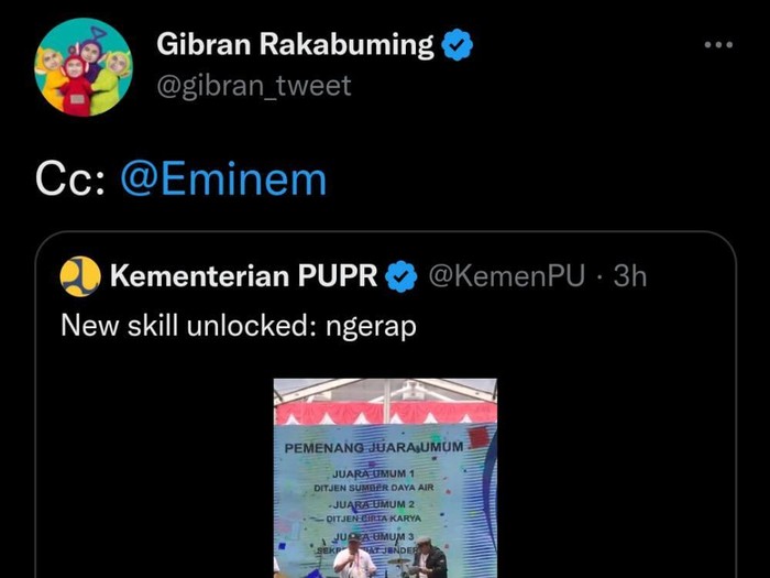 Gibran men-tag video Menteri Basuki ke Eminem.