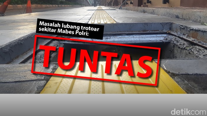 Masalah lubang trotoar sekitar Mabes Polri sudah tuntas. 2 Desember 2022. (Mindra Purnomo/Tim Infografis detikcom)