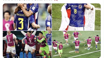 Sama seperti saat melawan Jerman, Jepang comeback untuk melibas Spanyol dan menang 2-1. Foto: Twitter
