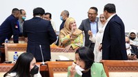 Desy tersenyum manis saat berdiskusi dengan beberapa anggota Komisi I di sela-sela fit and proper test calon panglima TNI Laksamana Yudo Margono.