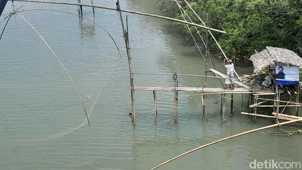 Seorang nelayan tengah menangkap ikan dengan bagang