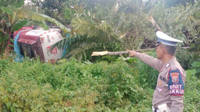kondisi truk tangki pengangkut BBM terbalik ke kebun salak warga. Dok Humas Polres Tapsel