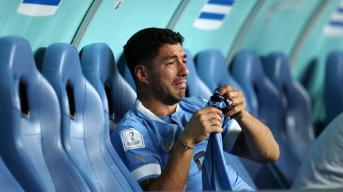 AL WAKRAH, QATAR - DECEMBER 02: Luis Suarez of Uruguay shows dejection after the team fails to qualify for the knockout stage despite their 2-0 victory in the FIFA World Cup Qatar 2022 Group H match between Ghana and Uruguay at Al Janoub Stadium on December 02, 2022 in Al Wakrah, Qatar. (Photo by Maja Hitij - FIFA/FIFA via Getty Images)